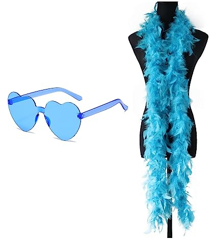 AWAVM 2-teiliges Set aus Federstreifen und Herzförmigen Sonnenbrillen, 2-Meter Federboa, Ball Requisiten, Verkleidung Dekoration, Party Zubehör (blau)