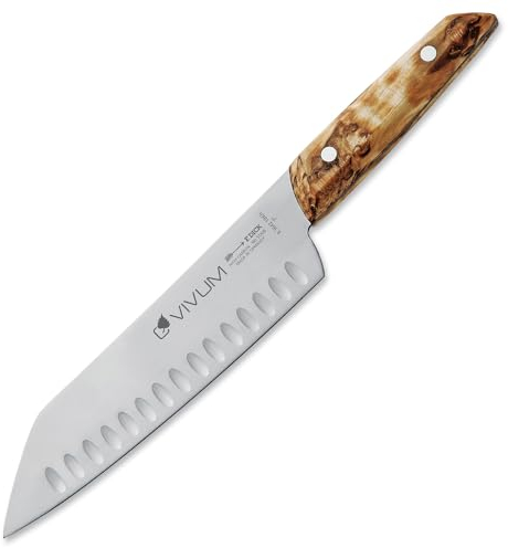 F. DICK Santoku VIVUM 18 cm - rostfrei, Klinge extra scharf, 58 HRC, Kullenschliff Kochmesser Birkenholz Designgriff komfortabel - Spezialstahl Küchenmesser - Profi Messer Made in Germany - 83642182KH