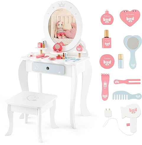 COSTWAY Kids Vanity Table and Stool, 2 in 1 Girls Makeup Dressing Table with Removable Mirror, Drawer & Sweet Accessories, Wooden Children Study Desk and Chair Set for Aged 3+ (Round Mirror)
