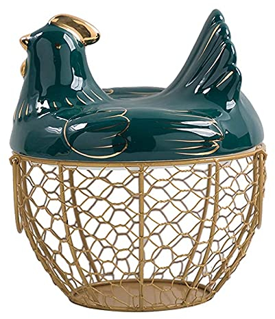 Simpls Cesta de almacenamiento de huevos, cesta de alambre de metal con tapa en forma de gallina, soporte de cerámica para 30 huevos