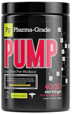 Pharma-Grade PUMP Stim Free Pre Workout Powder | Focus, Energy & Strength | Citrulline, Beta-Alanine, Pink Bark | 3 Flavours | Cherry Lime | 20/40 Servings | 400g