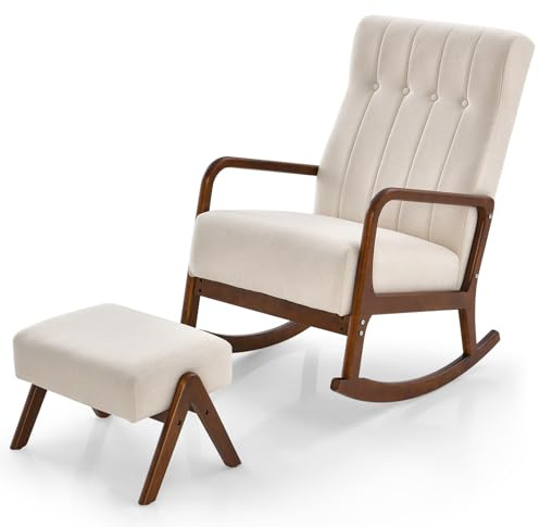 HOMASIS Mecedora con otomana, Juego de Mecedora con reposabrazos y Estructura de Madera Maciza y Cojín Acolchado, Silla hasta 150kg, Sillón reclinable para Dormitorio, salón, 97x65x104cm (Beige)