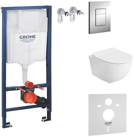 LAVITA Elemento da parete Solido + parete sospesa WC Brava bianco senza bordi + sedile WC SoftClose | pulsante cromato | Set completo | Cassetta di risciacquo da incasso | WC completo |