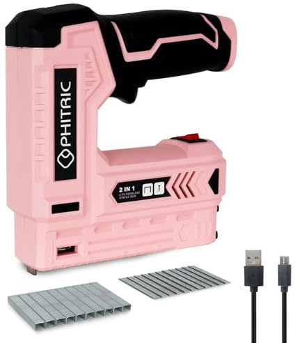 PHITRIC Pistola grapadora eléctrica rosa, pistola grapadora inalámbrica 2 en 1 para tapicería con 3500 grapas y clavos, clavadora eléctrica de 3.7 V con cargador USB para madera, carpintería,