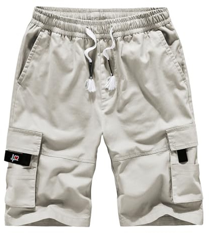 Husmeu Short Bermuda Homme en Coton Short Cargo Coupe Ample Short de Travail Multi-Poches Taille Élastiquée Beige 2XL