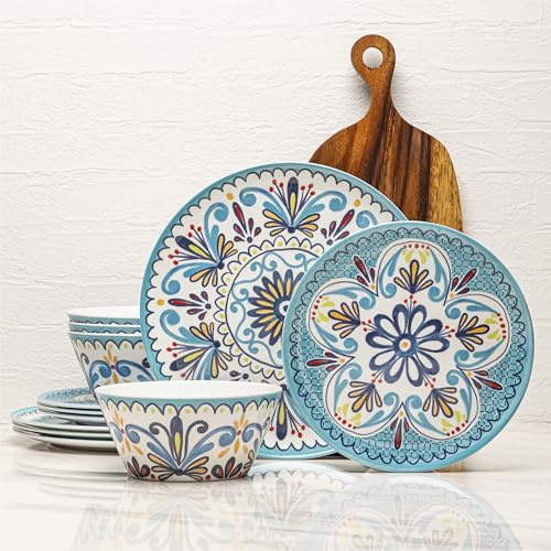 Bzyoo 12-Piece Melamine Dinnerware Set - Madallion | Lightweight, Durable, BPA-Free | Dishwasher Safe Dish Set for Indoor & Outdoor Use - Perfect for Camping, BBQs, Kids Parties