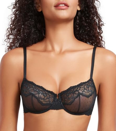 DotVol Balconette Sujetador Sexy con Floral Encaje Transparente sin Relleno cómodo para Mujer Negro,85B