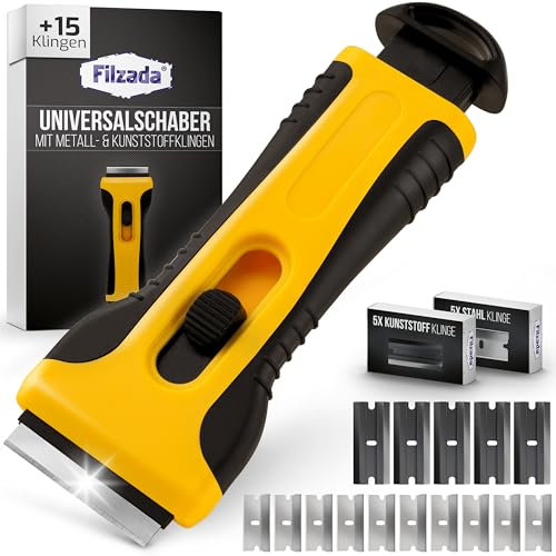 Filzada® Küchenschaber Gelb - mit 15 Schaber Klingen - Glasschaber für Kochfeld - Premium Küchenschaber Set - Schaber geeignet für Glaskeramik - Schaber Küche - Scraper - Glaskeramik Schaber