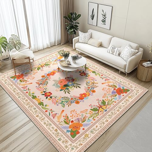 GthreeD Teppich Wohnzimmer Waschbarer 160x230 cm-Beige Boho Kurzflor Teppich Großer Schlafzimmer-Orientalischer Vintage Blumen Weich rutschfest für Schlafzimmer,Esszimmer.