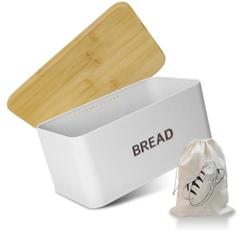 OTNBGSR Brotkasten Metall,Brotbox mit Holzdeckel Verwendbar als Schneidebrett,Brot Lange Aufbewahren und Frisch Halten,Ausgestattet mit Baumwollbrottaschen.33x19x15CM (Weiß)