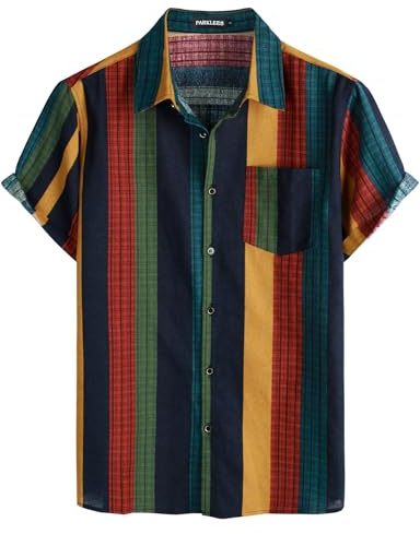 PARKLEES Men's Cotton Linen 70s Vintage Pattern Old Style Shirt Casual Short Sleeve Button Down Retro Shirts