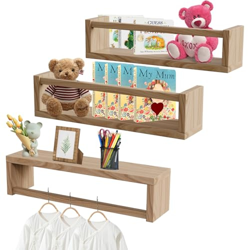 Emooncn Baby Floating Shelves, Set of 3 Nursery Shelves Wooden Baby Book Shelf Toys Storage Organizer Wall Bookshelf for Kids Bedroom Living Room,Easy to Hang, 40CM