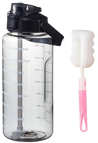 2L Water Bottle with Straw,Clear Leakproof Sports Bottle with Time Markings,Portable Handle Drink Bottles,Heat Resistant Motivational Jug for Gym Hiking Ensure Drinking Throughout The Day (Black)