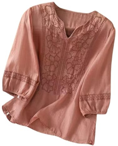Floaty Tops for Women UK Linen Shirts for Women UK Retro Boho Embroidered Cheesecloth Tops 3/4 Sleeve Flowy Hem Bohemian Hippy Clothes Holiday Tunic Shirts Lightweight Beach Wear Watermelon Red XL