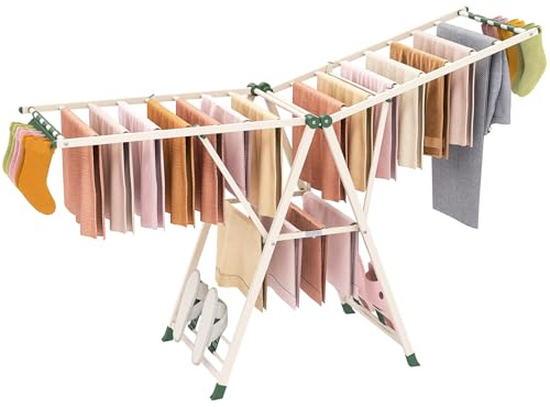Giantex Clothes Drying Rack, Foldable Metal Laundry Drying Rack with Height Adjustable Wings, 16 Drying Rails, Sock Clips & Shoe Racks, Freestanding Clothing Stand for Indoor & Outdoor, Beige