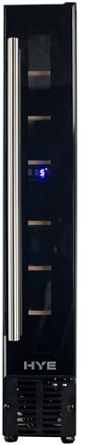 HYE Wine Cooler - Wine Fridge With 7 Bottle/22L Storage, 14.8CM Width, Wooden Shelves, LED Top Lighting, Temperature Range Adjustment, 39 dB Operation, Perfect For Kitchens & Home Bars - RF01WC7SB31