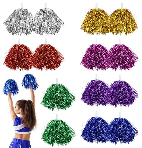 LPZMPZ 14 Stück Cheerleader Pompons, Pom Poms Cheerleading mit Handgriffen in 7 Farben, für Sportveranstaltungen, Ballspiele, Tänze, Nacht Party, Karnevalspartys Verwendet