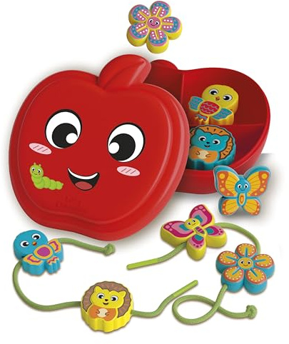 Clementoni Baby Happy Apple & Friends, Gioco Montessori da Infilare, attività Educativa Bambini 18+ Mesi, Stimola Manualità Fine e Logica, con 8 Personaggi, Made in Italy, 17600