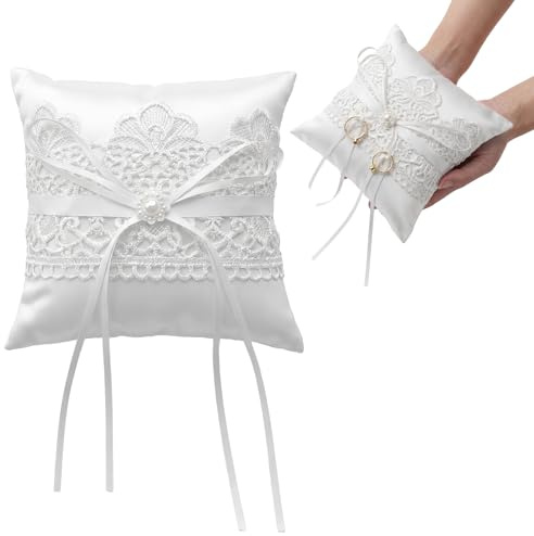 Cuscino porta fedi nuziali, elegante design in pizzo e perle, cuscino in poliestere bianco per cerimonie e anniversari, feste di fidanzamento e addio al nubilato, 15 x 15 cm