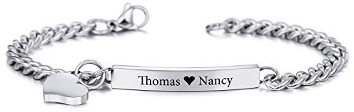INBLUE Pulsera Personalizada con Grabado Nombre Fecha ID para Mujer Novia Tobillera de Barra de Acero Inoxidable con Etiqueta de Corazón Amistad Dama de Honor Joyería Regalo(Color Plata)