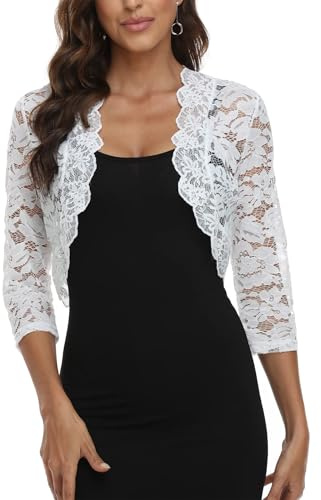 MISS MOLY Bolero para Mujer Festivo con Encaje, Chaqueta Corta para Boda, Manga 3/4, Rebequita de Punto, Top, Blanco, 40-42
