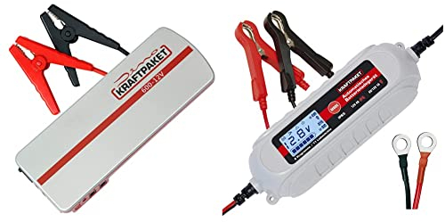 Dino KRAFTPAKET 136102 12V-600A Starthilfegerät 66.6Wh 18000mAh & 136312 Batterieladegerät 6V/12V-4A mit Batterietester und Erhaltungsladung für KFZ PKW Auto Motorrad, Grau