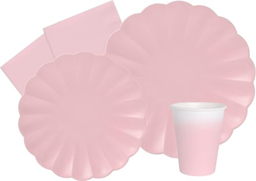 Kit Vajilla de Fiesta Flower Shape para 24 personas (112 pcs: 24 platos Ø23cm, 24 platos Ø18cm, 24 vasos 250ml, 40 servilletas 33x33cm) de papel compostable eco-friendly, rosa pastel