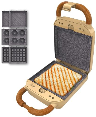 Cecotec Sandwichera Vintage Rock'Ntoast Retro One yellow. 700W, 3 Placas Intercambiables, Diseño Retro, Revestimiento Rockstone, Indicador Luminoso, Base Antideslizante, Asa Tacto Frío, Pinza Cierre