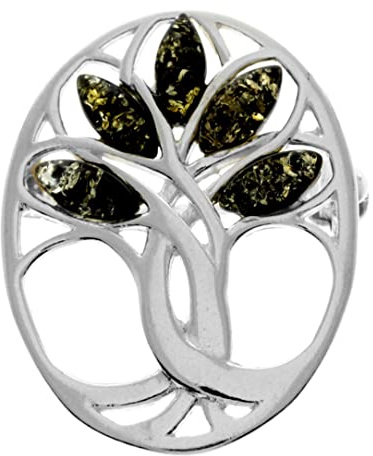 925 Sterling Silver & Genuine Green Baltic Amber Jewellery - Tree of Life Brooch GL824G