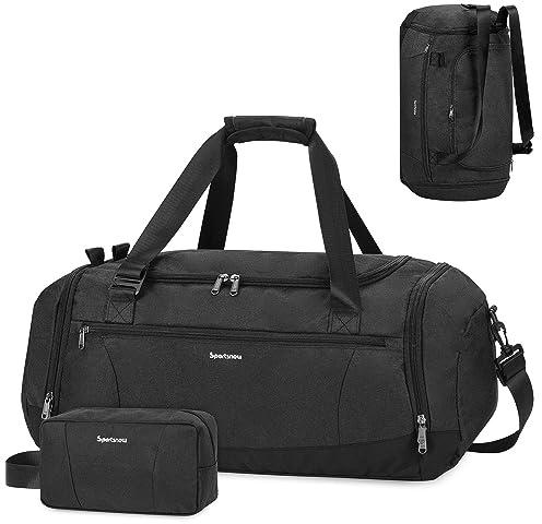 Borsa Palestra Sportiva Uomo Donne Zaino Grande Borsone Fine Settimana Viaggio con Tasca Bagnata Multiplo Tracolla Regolabile con Una Piccola Borsa da Toilette con Passante Trolley, Nero