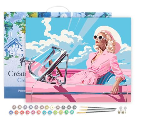 Figured'Art Peinture par Numéro Adulte avec Cadre Diva dans une Voiture Rétro Rose - Activité Manuelle Kit de Loisir Créatif DIY Numéro d'Art Complet - 40x50cm toile tendue sur châssis