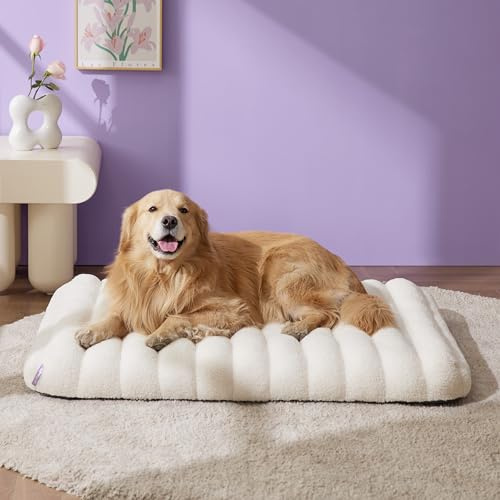 LE SURE Cute Orthopedic Dog Bed for Extra Large Dogs, XL Waterproof Chic Flat Pet Beds with Removable Washable Cover, Fuzzy Thick Egg Crate Foam Pet Mat for Indoor Use (44 x 32, Cream)