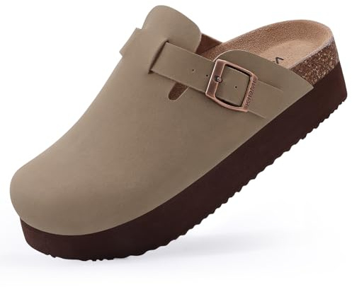 KIDMI Women's Platform Clogs Leather Mules Cork Footbed Potato Shoes, Taupe, Size 7.5-8