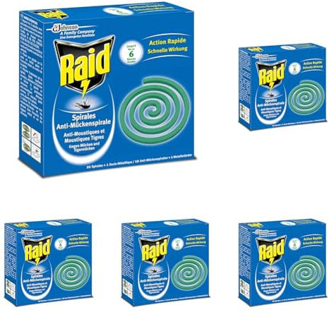 Raid - Spirales Extérieures Anti-Moustiques & Moustiques Tigres - Action Rapide Jusqu'à 6h - 10 Spirales + 1 Socle Métallique (Lot de 5)