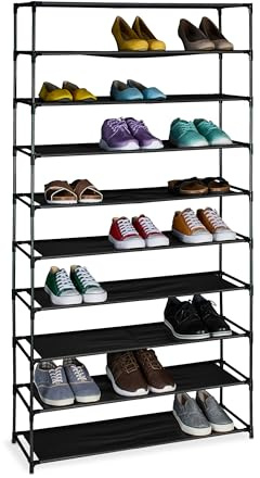 Relaxdays Schuhregal, mit 10 Ebenen, Metall Schuhablage, Stoff Ablage, Schuhgestell für den Flur, Schuhständer, schwarz