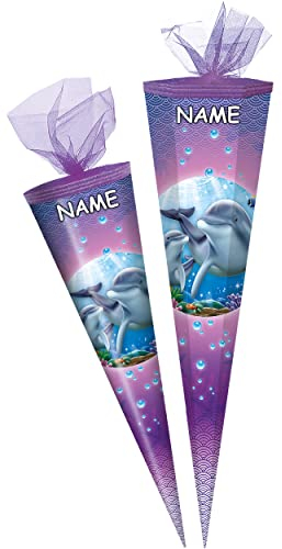 alles-meine.de GmbH Schultüte - mit 3D Glitzer - Effekt ! - Delfin & Fische - 50-85 cm - Größe wählbar - inkl. Name - Zuckertüte - Tüllabschluß - eckig - rund - Mädchen - klein..