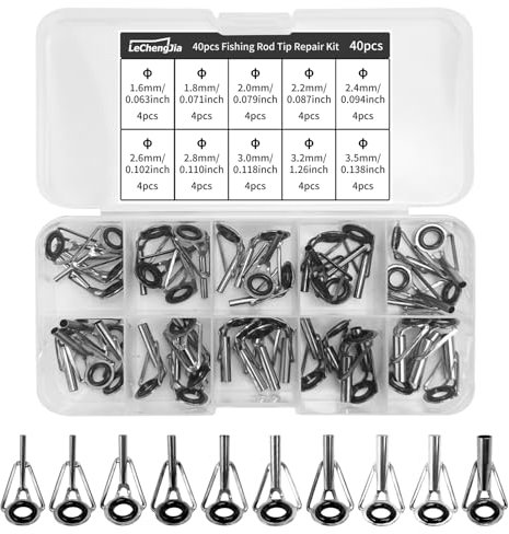 Lechengjia Kit de reparación de puntas de caña de pescar, 40 piezas, 1.6-3.2 mm, punta de caña de acero inoxidable con caja de plástico, anillos guía de cerámica para amantes de la pesca de agua dulce