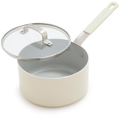 GreenPan x Bobby Flay 2.5QT Nonstick Saucepan with Glass Lid, PFAS-Free Diamond Ceramic, Induction Suitable, Stay-Cool Silicone Handle, Easy Clean Dishwasher & Oven Safe, Chef Pan, Cream