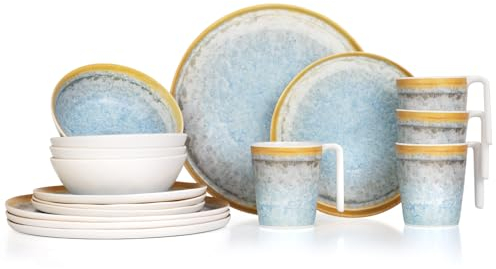 Camping Tafelgeschirr aus Melamin für 4 Personen 16-teilig | spülmaschinenfest | Picknick Geschirrset | Geschirr Campinggeschirr I Crystal Blue Design
