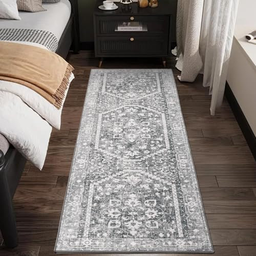 TUKDAK Hallway Runner Rug 60x180cm, Grey Washable Kitchen Carpet Runner Non-slip, Vintage Long Hall Soft Floor Rug with Short Pile for Bedroom Laundry Living Room Entryway