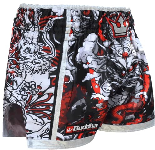 Buddha Fight Wear - Retro Premium Fantasy Pants. Specially designed for Kick Boxing, Muay Thai, K1, Boxing Training and Competition, White + Multi-coloured, S