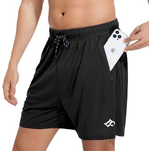 LORSPORTCH Pantalones Cortos de Gimnasio para Hombre para Correr Deportivos con Bolsillos con Cremallera Negro L