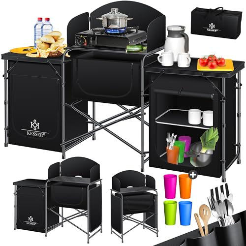 KESSER® Campingküche | Inkl. Tragetasche & Becherset | Campingschrank Faltschrank | mit Aluminiumgestell | Reiseküche | Küchenbox | Zeltschrank | Outdoor Camping Küche | Schwarz/Schwarz | Typ Big