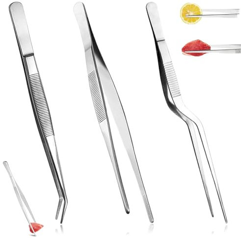 3 Pezzi Pinzette da Cucina, Punte Seghettate di Precisione Pinzette in Acciaio Inossidabile, Barbecue Pinzette da Cucina, Multifunzione, Adatte per Chef,Bistecche, Barbecue, Cucinare