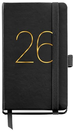 Miquelrius - Veckovisningskalender 2026, litet format 90 x 140 mm, veckoplanering, flexibelt omslag av liknande insytt läder, gummistängning, innerficka, papper 80 g/m², ES-IN-PT, svart