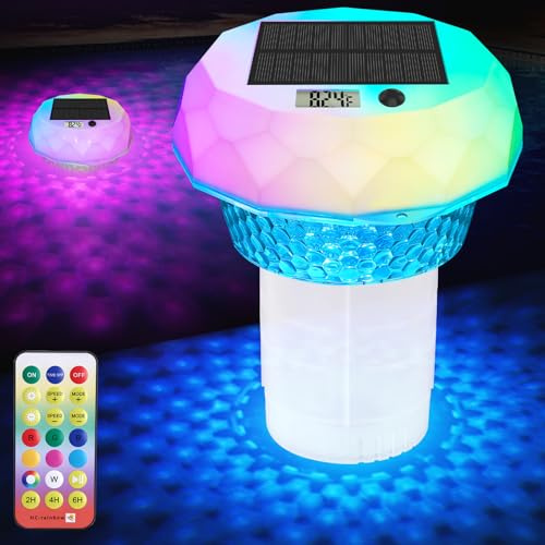 Flotador de cloro para piscina alimentado por energía solar con termómetro digital y luz LED, dispensador de cloro flotante para tabletas de cloro de 3 pulgadas (tabletas no incluidas), termómetro de