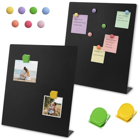 Acidea Confezione da 2 lavagne magnetiche, 32,0 x 27,9 cm, bacheca magnetica nera con cavalletto, lavagne magnetiche in metallo per tavolo, espositore per memo e foto per ufficio, cucina, scuola