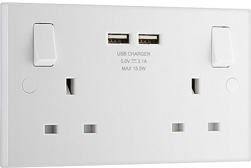 BG Electrical Double Switched Power Wall Plug Socket with with Two Type A USB Charging Ports, Square Edge, Nexus 900 Series, White Moulded, 13A, 15W, 922U3