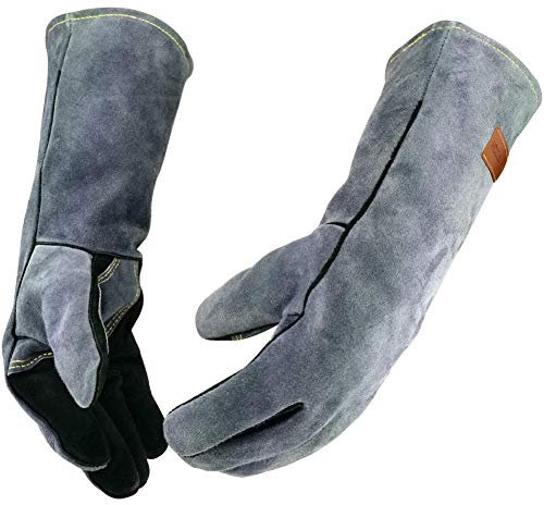 WZQH 36 CM, 500℃, Gant Cuir Barbecue Homme Femme, Moyen, Gants de Travail Pour Soudure,Cheminée,Four,BBQ,Jardinage,Jardin,Travaux,Electricien,Cuisine.Anti Chaleur Coupure, Noir-Gris M