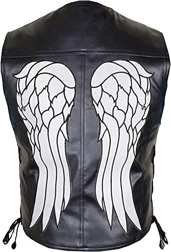 Chaleco de cuero para hombre, diseño de alas de ángel, para motociclista, color negro y piel sintética, Negro – Piel auténtica., M